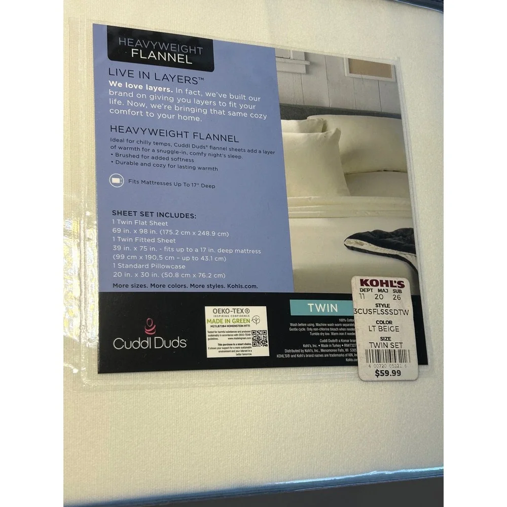Cuddl Duds Twin Heavyweight Flannel Sheet Set Ivory 100% Cotton 3CUSFLSSSDTW